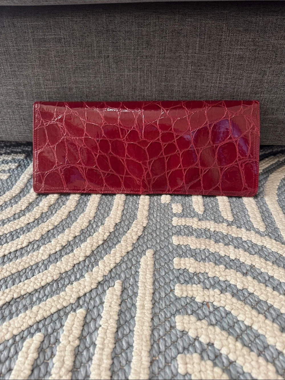 Burgundy Croc Embossed Faux Leather Foldover Clutch Handbag